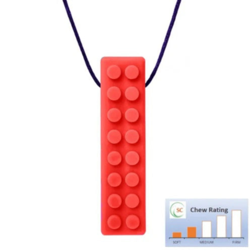 red chewable brick necklace