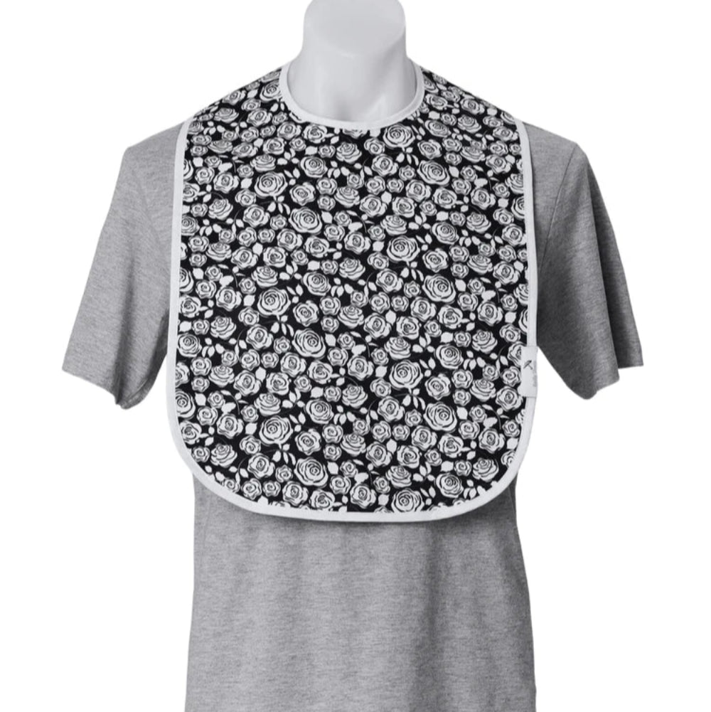 feeding-bib-black-white-flowers