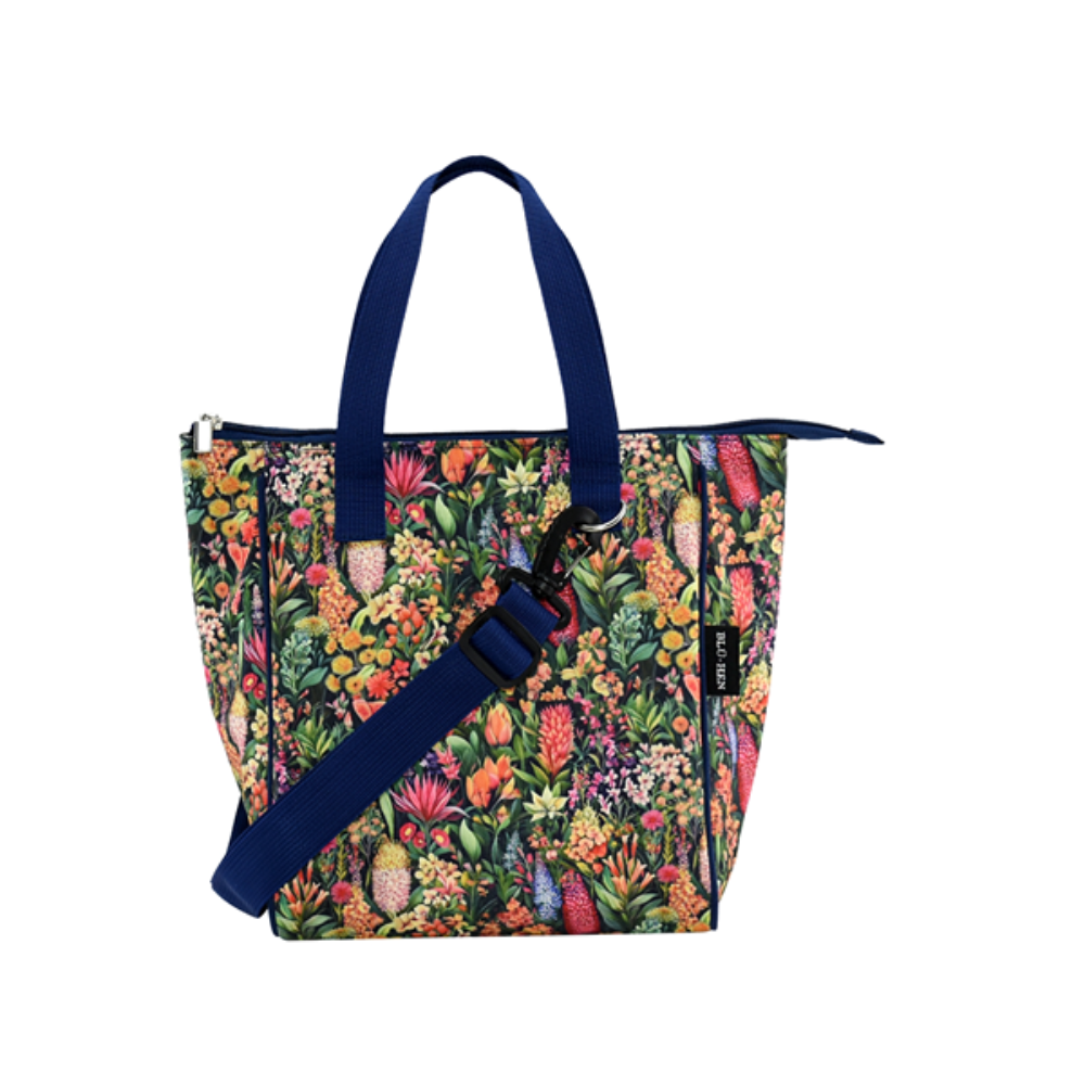 Tote bag with australian natives pattern and navy straps