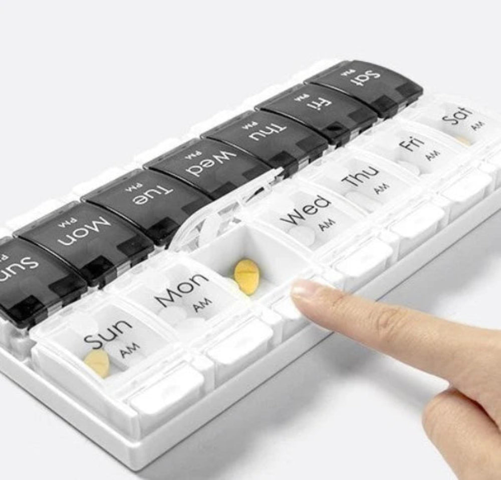 puch button 7 day pill dispenser with am and pm