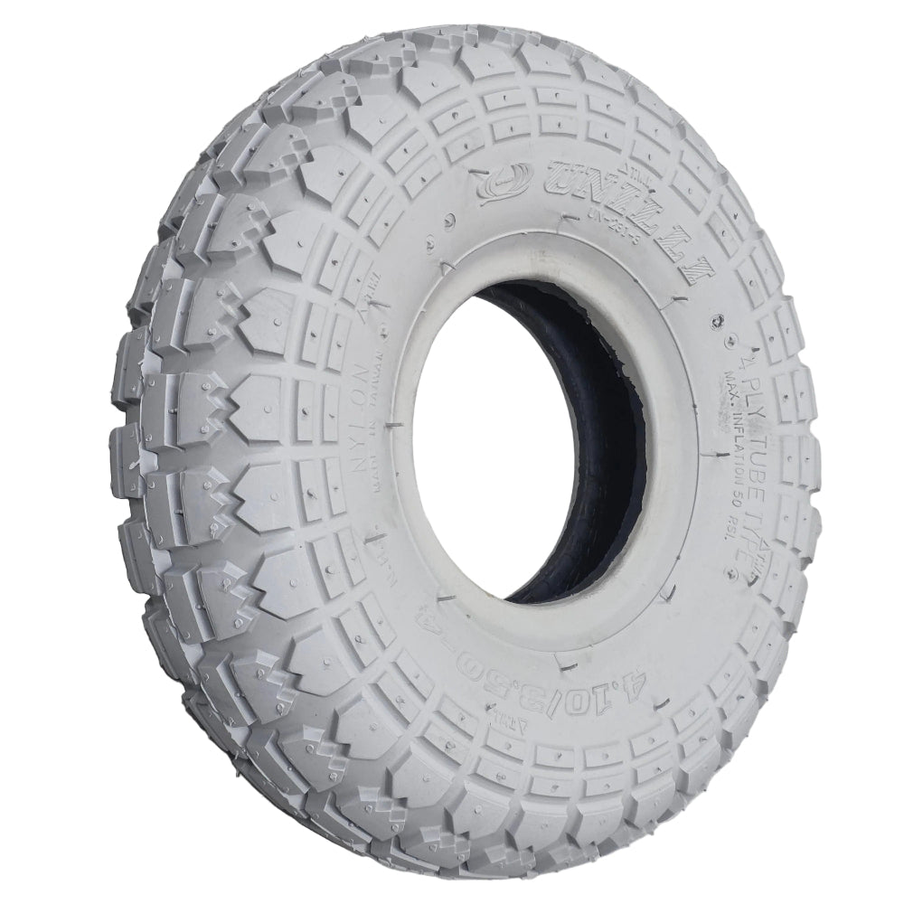 4.10/3.50-4 grey tyre with block tread pattern