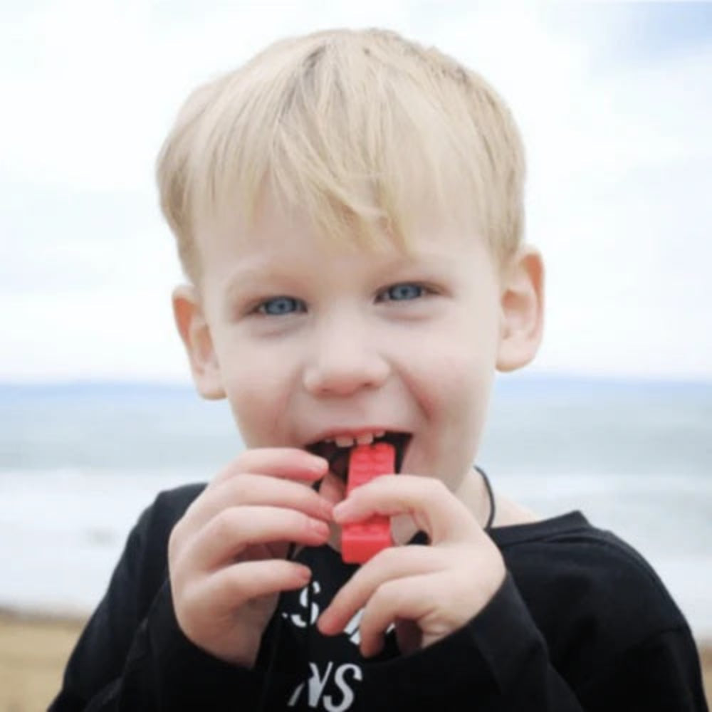 chewable brick necklace boy chewing