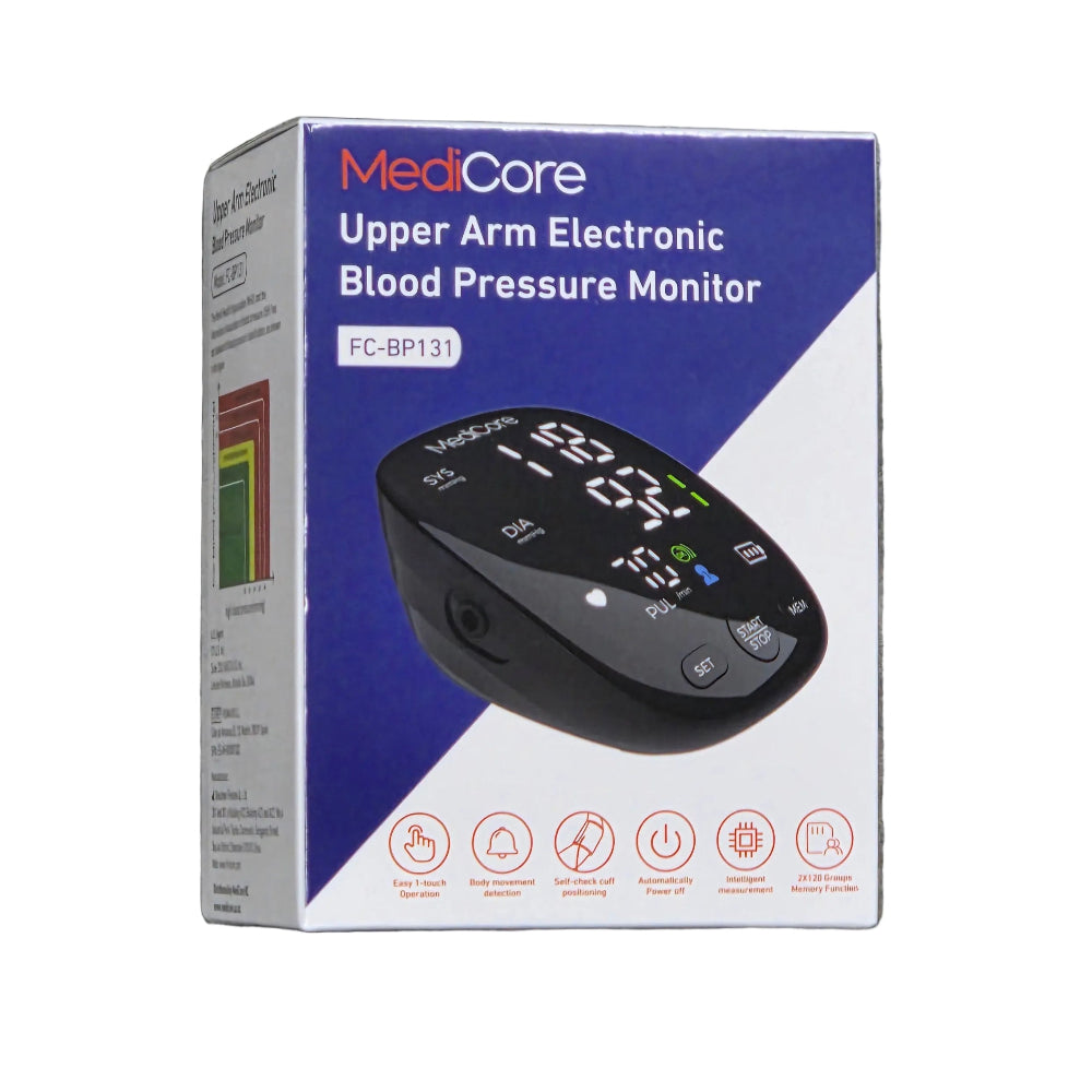 MediCore Upper Arm Electronic Blood Pressure Monitor box, model JC-BP13.