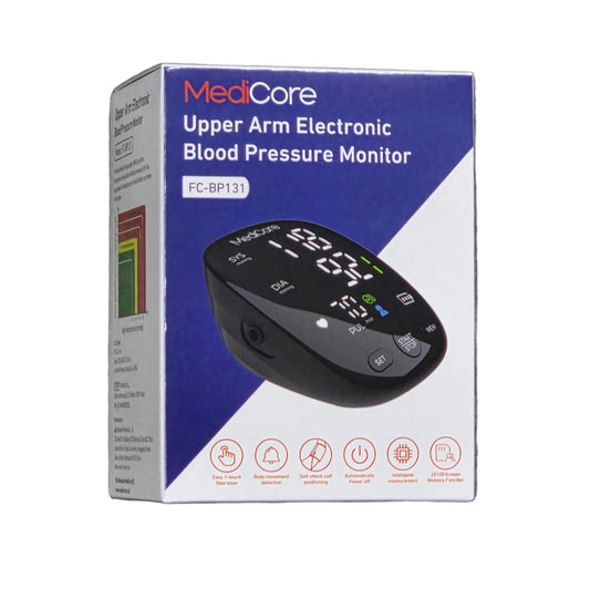 MediCore Upper Arm Electronic Blood Pressure Monitor box, model JC-BP13.