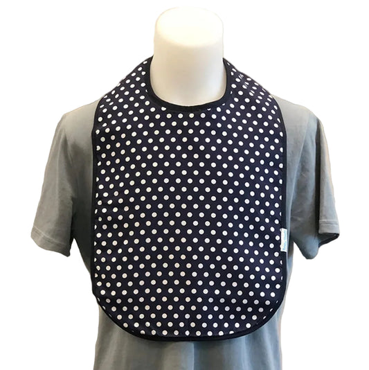 feeding bib blue white poka dot pattern