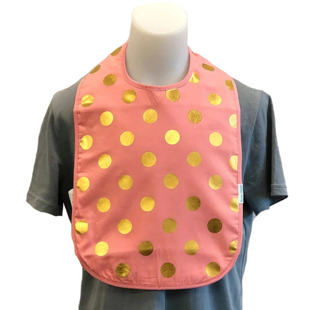 feeding bib pink and gold dots pattern